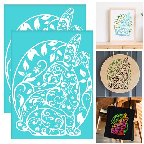 ORIGACH 2 Stück 28x22cm Osterhase und Ei Siebdruckschablonen, Selbstklebende Mesh Transfers Wiederverwendbare Siebdruckschablonen zum Drucken auf T-Shirts Taschen Wand Holz