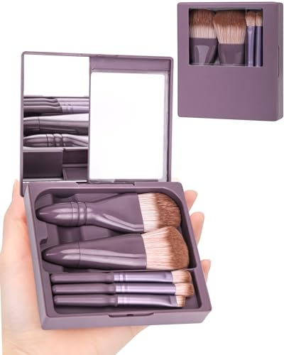 PGRODE Mini-Make-up-Pinsel-Set für unterwegs, mit Hartschalen-Etui und integriertem Spiegel, 5 kleine Kosmetikpinsel, Reise-Make-up-Pinsel-Set für Frauen, Mädchen, Geschenk (Dunkelviolett)