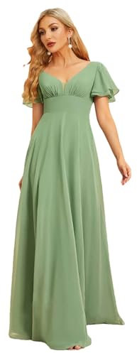 Ornrjfll Elegant Evening Dresses Long A-LINE Short Sleeve V-Neck Floor-Length Chiffon Simple Bridesmaid Women Dress Prom EN8 XXL