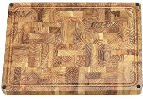 zayiko Doppelseitiges Premium Teakholz Schneidebrett - Robust, Hygienisch, Stilvoll, 43x30,5x3,5 cm, Ideal für Köche Holzschneidebrett Stirnholz Würfelmuster Küchenbrett