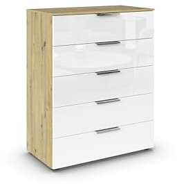 Rauch Möbel Flipp, Hochkommode mit viel Stauraum für Flur, Wohnzimmer, Schlafzimmer, Eiche Artisan/Glasfront Weiß, Holz, 5 Schubladen, Griffe chrom, 80x100x42cm