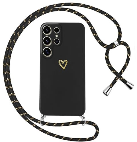 Oelrstfe Coque pour Samsung Galaxy S24 Ultra avec Cordon de Collier Étui Housse Souple Silicone avec Motif Coeur et Portable Lanyard Réglable Antichoc Anti-Chute Bandoulière Lanière Case,Noir