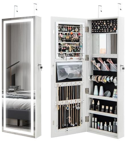 COSTWAY Armadietto Portagioie da Parete, con Luci LED | Specchio Portagioie Salvaspazio con Serratura e 3 Ripiani, Specchiera Portagioie a Muro, 40 x 12,5 x 120 cm