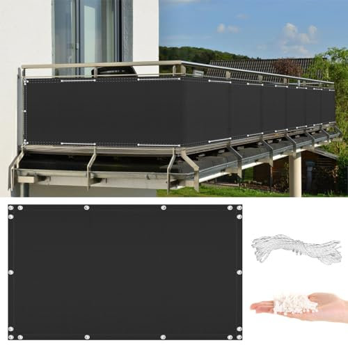 AYLFBFU Balkon Sichtschutz 0.9 x 12m Meterware, UV- und Wetterbeständig, Balkonverkleidung für Balkon Garten Terrassen Hof, mit Ösen Kabelbinder und Kordel, Schwarz