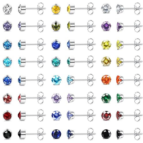JeweBella 24 Paar Ohrstecker Chirurgenstahl für Damen Herrren Mädchen Hypoallergene Medizinische Ohrstecker Set Geburtsstein Zirkonia Ohrringe Bunt Helix Knorpel Ohrringe Silber für Mehrere Piercings