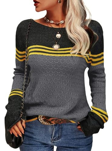 Hormtaer Womens Jumpers Crew Neck Long Sleeve Knit Sweater Colorblock Striped Knitwear Ladies Casual Retro Sweaters Soft Pullover Tops (Dark Gray, XL)