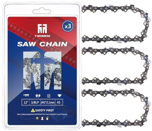 12 Inch Chainsaw Chain, 3 Pack 3/8 LP Pitch .043'' Gauge 45 Drive Links Fits Dewalt 20V DCCS620, Milwaukee M18 FUEL, Kobalt 1224, WG350/ 380, LCS1240 - DWO1DT612