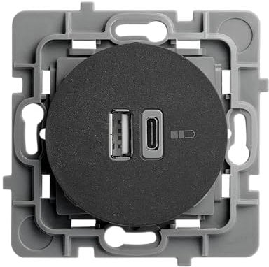 DEBFLEX - Casual Evo - Prise Double USB (USB-A 3A + USB-C 3A) - Pour alimenter et Recharger Divers Appareil Electroniques - ABS - Installation Encastrée - Noir - 76 x 76 x 42 mm