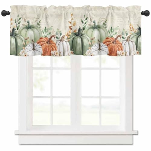 Fenstervolant für Küche, Erntedankfest, Salbeigrün, Weiß, Kürbis, Eukalyptusblatt, Stangentaschenvolant, Vorhänge, Vintage-Postkarte, Fensterbehandlung, Volant, Vorhänge für Wohnzimmer, Schlafzimmer,
