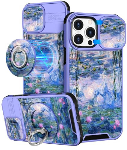 VincitoreModa for iPhone 14 Pro Max Case - [2in1] Cute Girls Women Purple Flower Compatible with MagSafe Ring Stand Design Slide Camera Cover for Apple for iPhone 14 Pro Max Phone Case 6.7