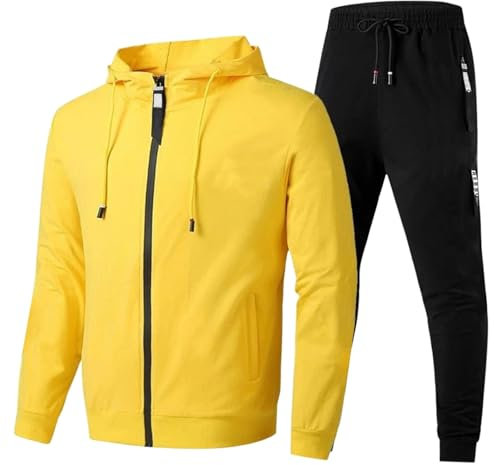 LinRim Tuta da jogging da uomo, tuta da casa, maglione Y2K, con cappuccio e baggy, in cotone, pantaloni lunghi da allenamento, per il tempo libero, set per la casa, giallo., XL
