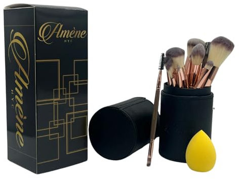 Amene NYC Lot de 15 pinceaux de maquillage professionnels de qualité supérieure pour fond de teint, poudre, blush, anti-cernes, fard à paupières, boîte cadeau et éponge de maquillage