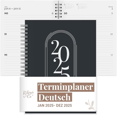 Rileys & Co 2025 Planer - Monatlicher und Wöchentlicher Agenda-Planer, Flexibler Einband, Doppelspiralbindung, Notizseiten, 20,3 x 15,2 cm (8 x 6 Zoll), Schwarz - auf Deutsch