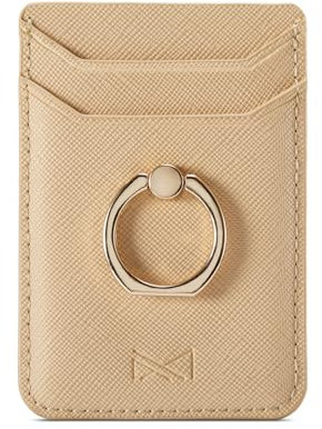 DMaos Card Holder Sleeve with Ring, RFID Credit Wallet PU Leather Stick On Back Grip for iPhone Samsung Smartphone - Gold