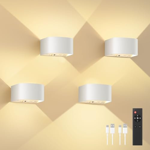 FULEN Akku Wandlampe Innen mit Bewegungssensor,Fernbedienung 3 Farben Wandlicht Up Down Innen LED Wandleuchte 3 Modi Wiederaufladbare Batteriebetriebene Wandlampen Helligkeit Einstellbar,Weiß 4 Stück