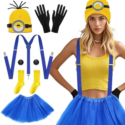 7-teiliges gelbes Cosplay-Kostüm-Zubehör-Set, Brille, gelbe Beanie, Strickmütze, schwarze Handschuhe, blaues Kleid, Hosenträgern, Halloween-Kostüm für Erwachsene, Kinder, Cosplay, Party, Weltbuchtag,