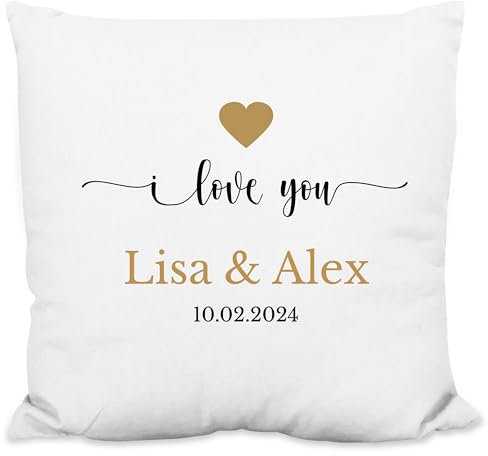 True Statements Kissen personalisiert mit Namen und Datum „I Love You“ - 40x40cm, inkl. Kissen-Füllung | Geschenk-Idee, Zierkissen Deko (flauschig)