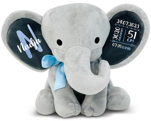 Love Faith - Personalisierbarer Kuschel-Elefant mit wählbarer Schriftfarbe - Individuelles Baby-Plüschtier zur Geburt, Taufe oder Geburtstag für Mädchen und Jungen (Grau mit Blauer Schleife)