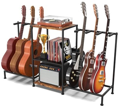 LIFXIZE Guitar Stand for Acoustic Multiple Guitars Holder with 3-tier Storage Shelf, Guitars Display Rack Guitar Amp Accessories with Soft-Padded Protect Multi Guitar Stand for Home Studio Music Room