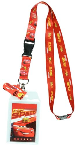 Disney Cars Lightning McQueen Cordon avec porte-badge transparent et breloque en caoutchouc de 5,1 cm
