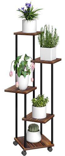 Outsunny 5-Etagen Pflanzenständer mit Räder, Blumenständer für Innen Außen, Pflanzenregal aus Stahl, Holz, mehrstöckig Blumenregal, 110cm hoch Blumentreppe für Wohnzimmer, Garten Balkon Deko, Verkohlt