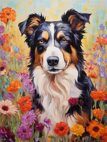 AYAOYANGGO 9CT Diy Bead Embroidery Set Border Collie Tierperlen Zum Sticken,Hund Und Blumen,Diy Perlenstickerei-Set Für Erwachsene,Nadelspitze,Gobelin-Set,Perlenstickerei,Handarbeitsset 50x60cm