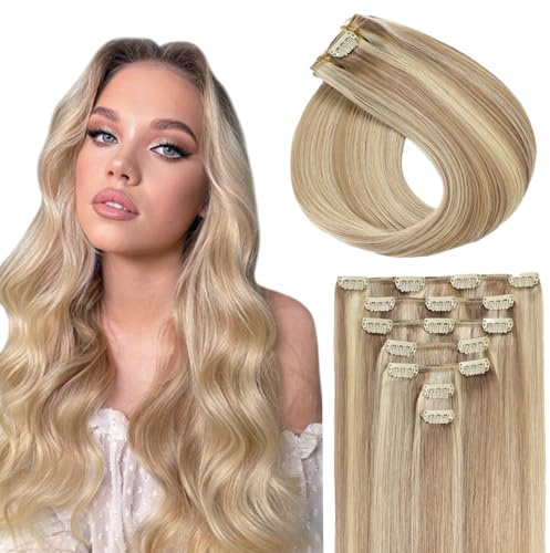 Sunya Clip in Extensions Echthaar Aschblond Mit Platinblond Invisible Echt Haar Extension Clip in 45cm 7 Pcs 80g/Pack Semaless Glattes Haar