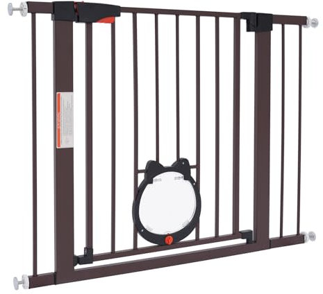 LENDISIY Treppenschutzgitter ohne Bohren, Türschutzgitter Treppengitter mit Katzenklappe, Absperrgitter Hund, Treppenschutzgitter Ausziehbar, Einhändiges Beidseitiges Öffnen (Kaffee, Standard)