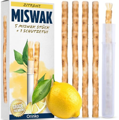 ORINKO® Miswak Siwak Zahnbürste Zitrone x5 mit Etui - Natürliche Zahnpflege mit Miswak-Stick - Zahnholz für gesunde Zähne - Traditionelle Zahnreinigung für Mensch & Umwelt - Frisch verpackt