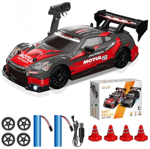 KBIBCK RC Drift Car, 1:24 Rennauto Ferngesteuert, 30km/H 4WD 2,4 GHz Ferngesteuertes Drift Auto mit Led-Leuchten, Reifen und Straßensperren, Fernsteuerung Mini RC Car für Erwachsen (8601- Rot)