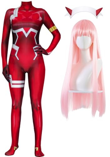 Jilijia Costume da Cosplay Anime 02 Zero Two 02 Tuta intera Bodysuit Rosso con Parrucca Set Completo Costume da Donna per Halloween