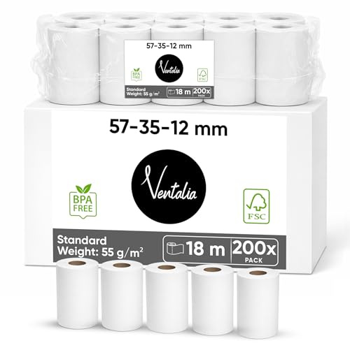 Ventalia - Pack de 200 Rouleaux CB/Bobine TPE 57x35x12 mm (18 m) – Papier Thermique Sans BPA – Compatibles Ingenico, Verifone, SumUp, PAX, Nexgo, myPOS – Impression Claire et Durable