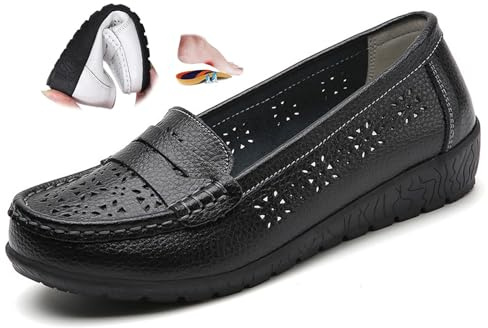 Mocassins orthopédiques pour femme en cuir respirant, large coupe mocassins classiques, mocassins de conduite, travail, chaussures d'allaitement, Noir H, 37 EU