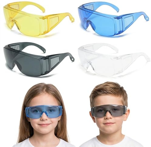 GWEOR 4 Paires Lunettes de Protection Enfant, Lunettes de Sécurité pour Bricolage, Laboratoire et Science, Équipement Anti-Poussière & Anti-Rayures, 4 Couleurs (Bleu, Transparent, Gris, Jaune)
