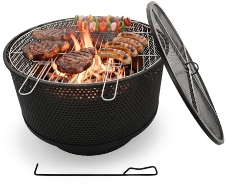 Relaxdays Feuerschale, Ø 61 cm, mit Grillrost, Funkenschutz & Schürhaken, 3 in 1 Feuerstelle Garten, Feuerkorb, schwarz