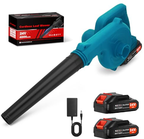 Soffiatore a Batteria Senza Fili 24V – Motore Brushless,Max Speed 20000RPM | Lightweight under 1kg with Dual Batteries for Extended Runtime, Easily Clears Leaves, Dust, Snow & Pet Hair from Any Surface