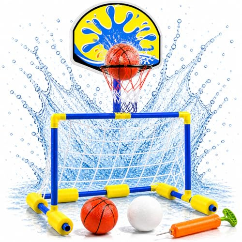 ATHLEJOY Juego de pelota de agua 2 en 1 para piscina, canasta de baloncesto y portería de waterpolo para niños y adultos, incluye pelotas, diversión acuática para jardín y piscina