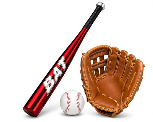D.I.L Baseball Bat Set, 30 Inch Aluminium Metal Bat with Ball and 10.5 Inch Leather-Style Glove, for Outdoor Training, Red, Blue, Black, Silver