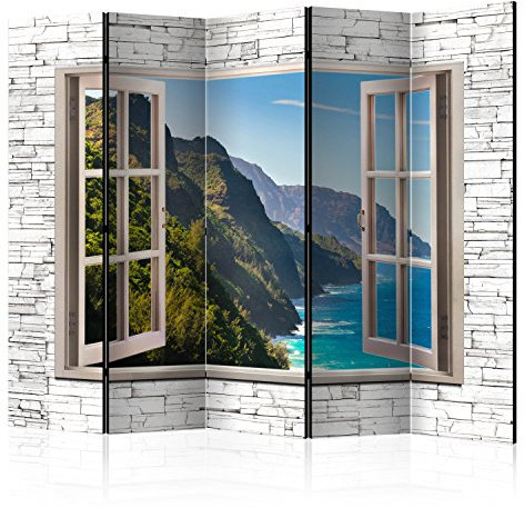 RAUMTEILER/PARAVENT B&D XXL Raumteiler Fensterblick Fenster Landschaft Foto Paravent 225x172 cm beidseitig auf Vlies-Leinwand Bedruckt Trennwand Spanische Wand Sichtschutz Raumtrenner beige blau