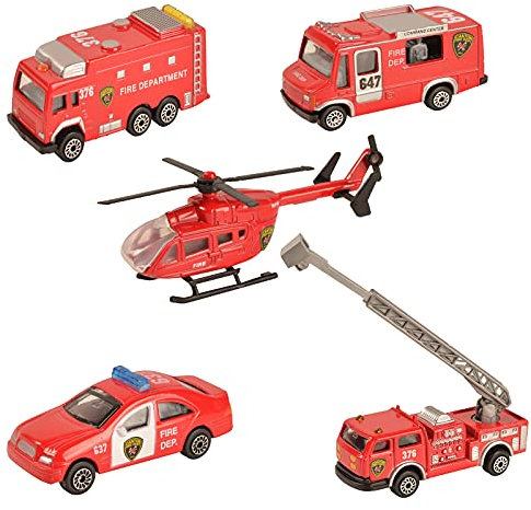 BOHS Fire Department Rescue Vehicles- Die-cast Mini Metal Miniature Car - Aerial Ladder Fire Trucks, Rescue Helicopter, Water Tank Fire Engine,Patrol Car,Commander Center (5 pcs)