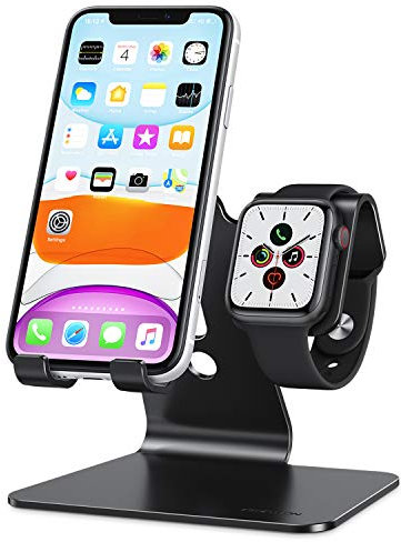 OMOTON 2 in 1 Phone and Watch Stand, Desktop Stand Holder (NOT Include Charger) Compatible with All iPhone 15 14 13 12 and Apple Watch Series 9/8/SE2/7/6/SE/5/4/3/2 (Both 45/44/42/41/38mm)-Black