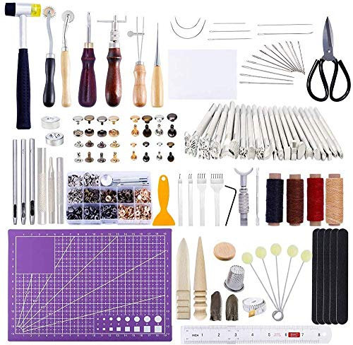 183PCS Leather Working Kit, Leather Tools Set, Leather Craft Kits Leather Sewing Kit with Waxed Thread Stitching Groover for Hand Sewing Stamping Punching