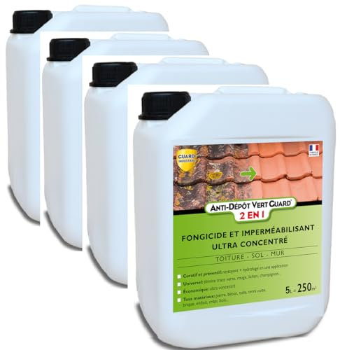 GUARD INDUSTRIE - Anti Dépôt Vert Guard 2 en 1 - Imperméabilisant Fongicide Invisible, Hydrofuge, Anti Champignon, Lichen, Algue - Tous Matériaux - Fabrication Française 20L- jusqu'à 1000m²- 4 X 5 L