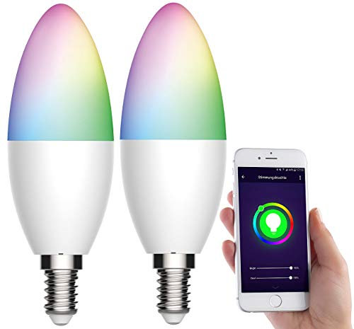 Luminea Home Control LED Kerzen Alexa: 2er-Set WLAN-LED-Kerze, E14, RGB-CCT, 5,5 W (ersetzt 40 W), 470lm, App (LED E14 dimmbar, WiFi, Stimmungslicht)