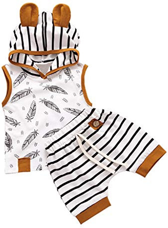 Xmiral Baby Mädchen Junge Kapuzenoberteile Kordelzug Shorts Gestreifte Outfits Set Neugeborene Kleinkind Bär Unisex Ärmelloses T-Shirt Hosen Kleidung Set(Weiß,12-18 Monate)