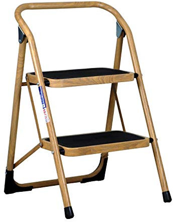 2 Step Ladder Extra Wide Step Safety Non Slip Mat Heavy Duty Steel Folding Portable Kitchen Stool Home Garden Tool DIY - Wood Effect