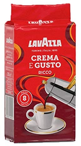 Lavazza Crema e Gusto Ricco - Caffè Macinato per Moka - Arabica e Robusta - Gusto Denso e Liquoroso - Note Caramellate e Sentori di Cacao - Intensità 7 - Tostatura Scura - 250 g
