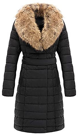 Giolshon Femme Doudoune Veste Matelassé Léger Blouson Hiver Long Manteau avec col en Fausse Fourrure Amovible 5528 Noir S