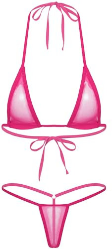 Choomomo Micro Bikini Set Femme Sexy Maillot de Bain 2 Pièce Soutien-Gorge Paillette et String Ouvert Monokini Tankini Transparent Sexuel Couleur Unie Swimwear Hot Pink Taille Unique