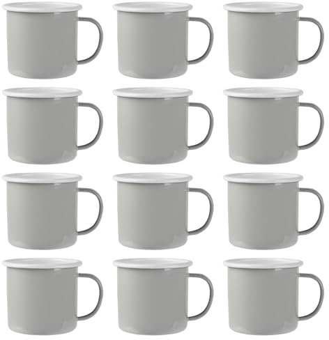 Argon Tableware Coloured Mugs - 375ml - Pack of 12 - Grey Metal Insulated Coffee Mugs Lightweight Camping Cups for Drinking Tea, Hot Chocolate, Coffee